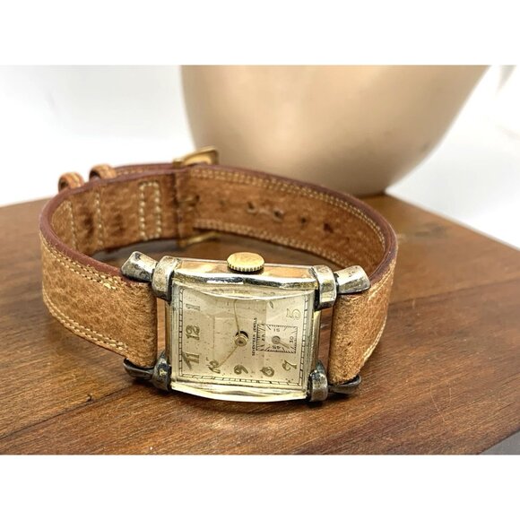 Gotham Suku Watch Swiss Mechanical Tank Vintage Gold Brown Leather Band 22mm - Picture 9 of 15